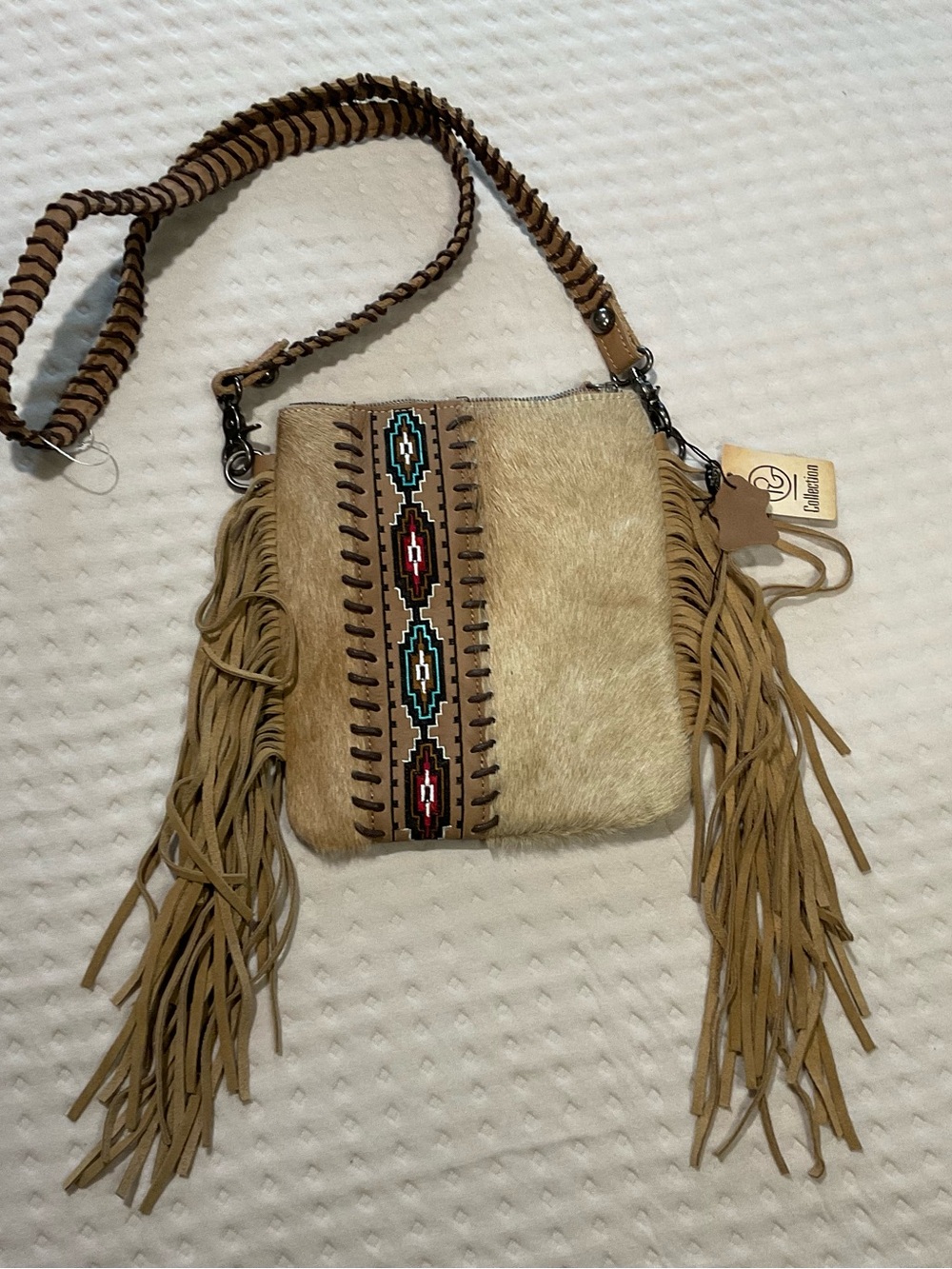 Fringe Crossbody Bag in Tan with Southwestern Bead Trim